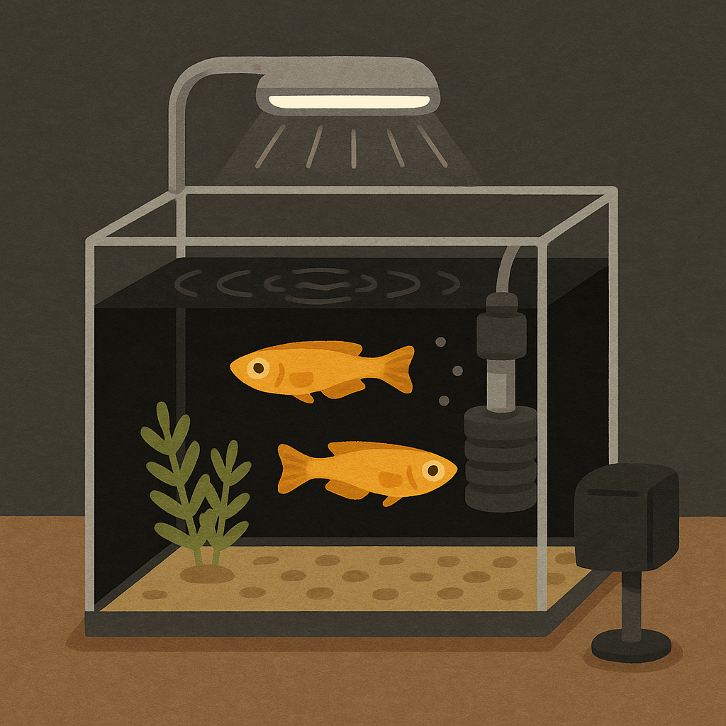 室内でメダカを飼育するイラスト（黒背景の水槽にLEDライトとスポンジフィルターを設置し、水面が揺れている様子）
