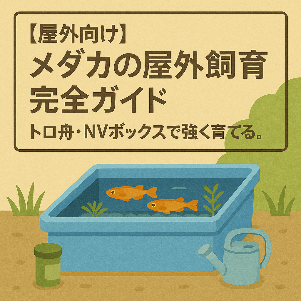 屋外でのメダカ飼育をイメージしたイラスト（トロ舟・NVボックスで水草とともに泳ぐメダカ）