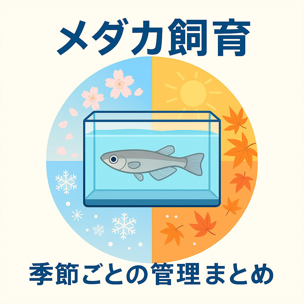 四季ごとのメダカ飼育ガイドを示すイラスト。春・夏・秋・冬の注意点をわかりやすく解説。