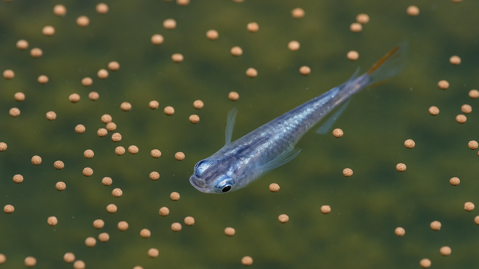 メダカが水面の粒状エサを食べる様子（給餌中）