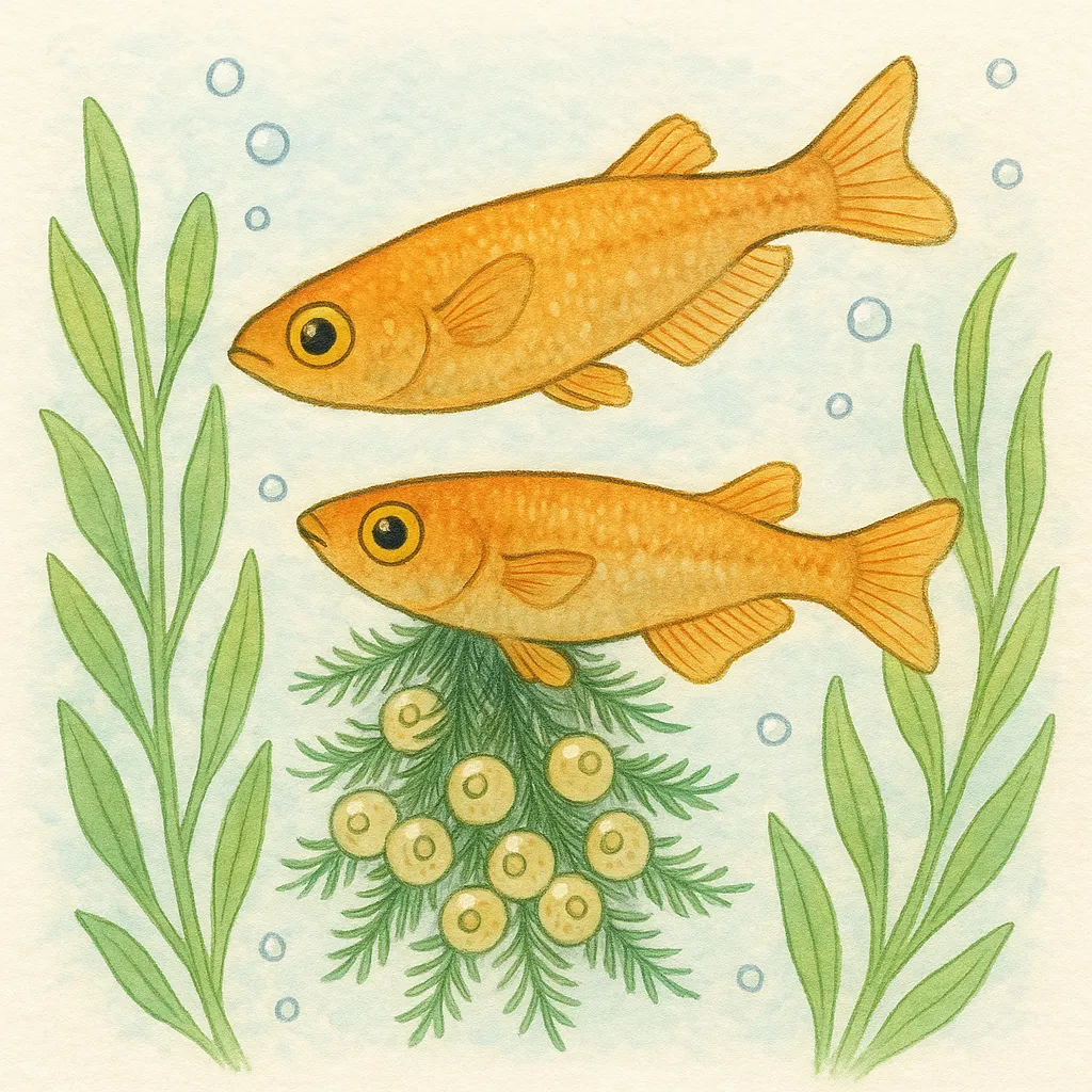 メダカの繁殖をイメージしたイラスト（オレンジ色のメダカ2匹と卵、水草）