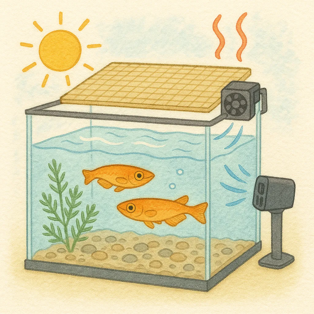 夏の高温対策をしたメダカ飼育のイラスト（水槽用冷却ファンと日除けを設置した水槽で泳ぐメダカ）