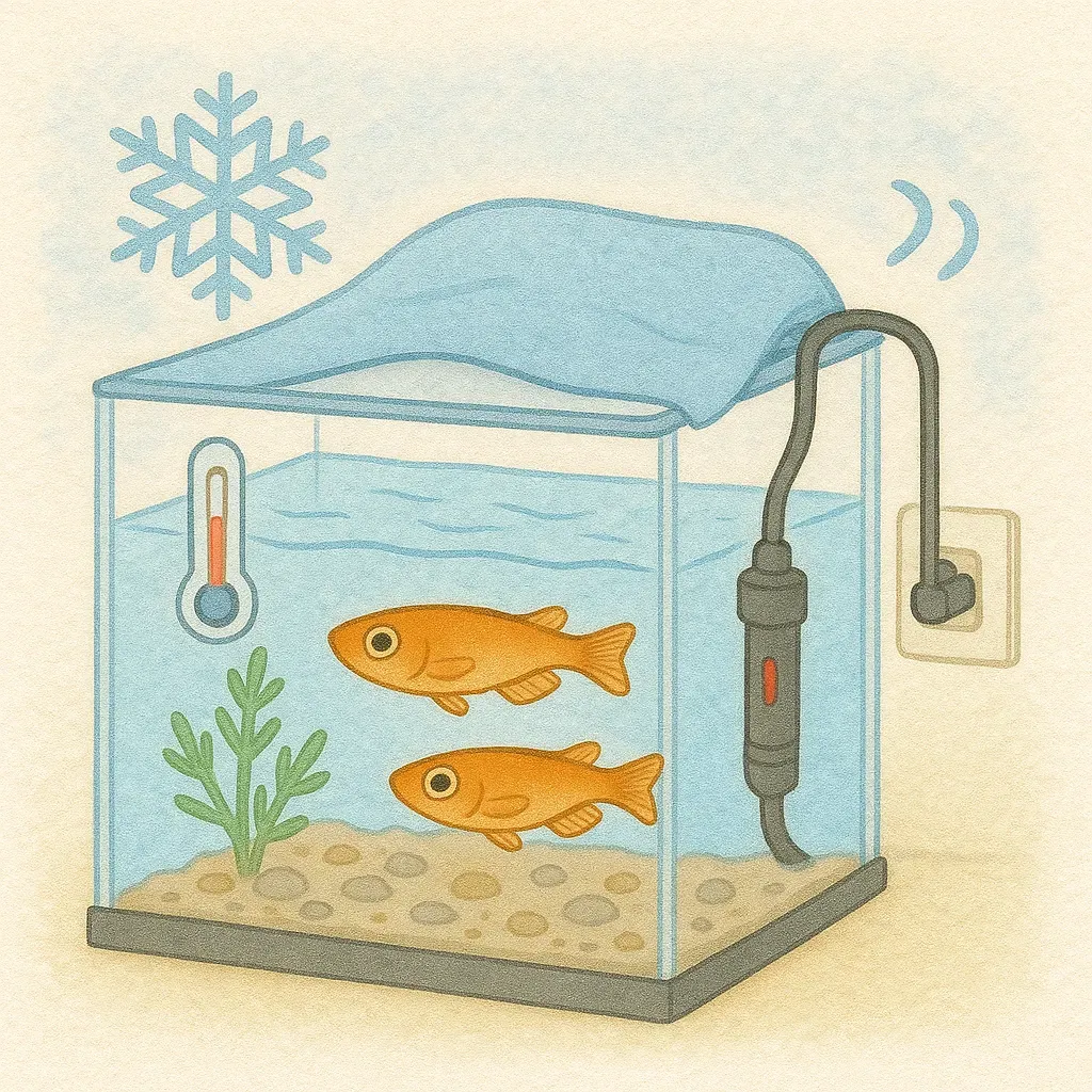 冬の寒さ対策をしたメダカ飼育のイラスト（水槽ヒーターと水温計を設置した水槽で泳ぐメダカ）